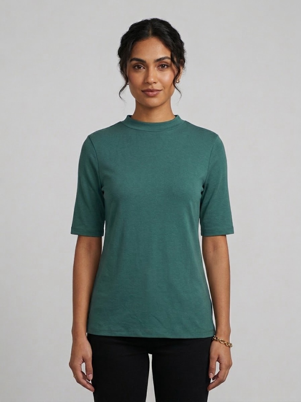 Mock Neck Short Sleeve Tee Elbow Length Cotton Blend Stretch Top NWT